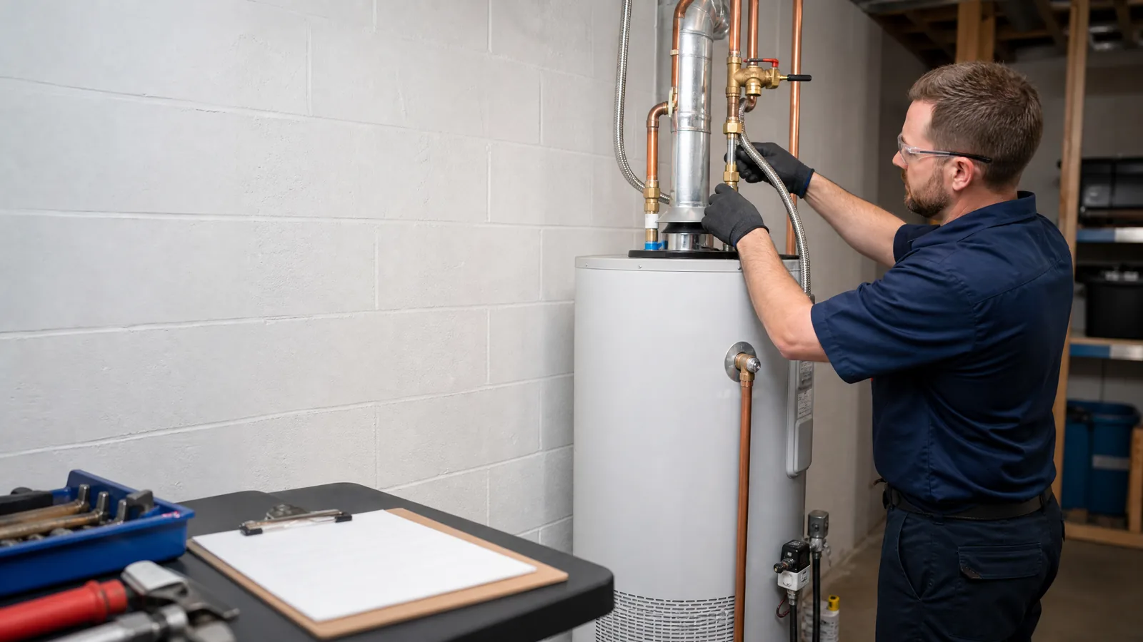 Licensed plumber connecting supply lines to a new residential water heater during an installation in Wilmington, DE