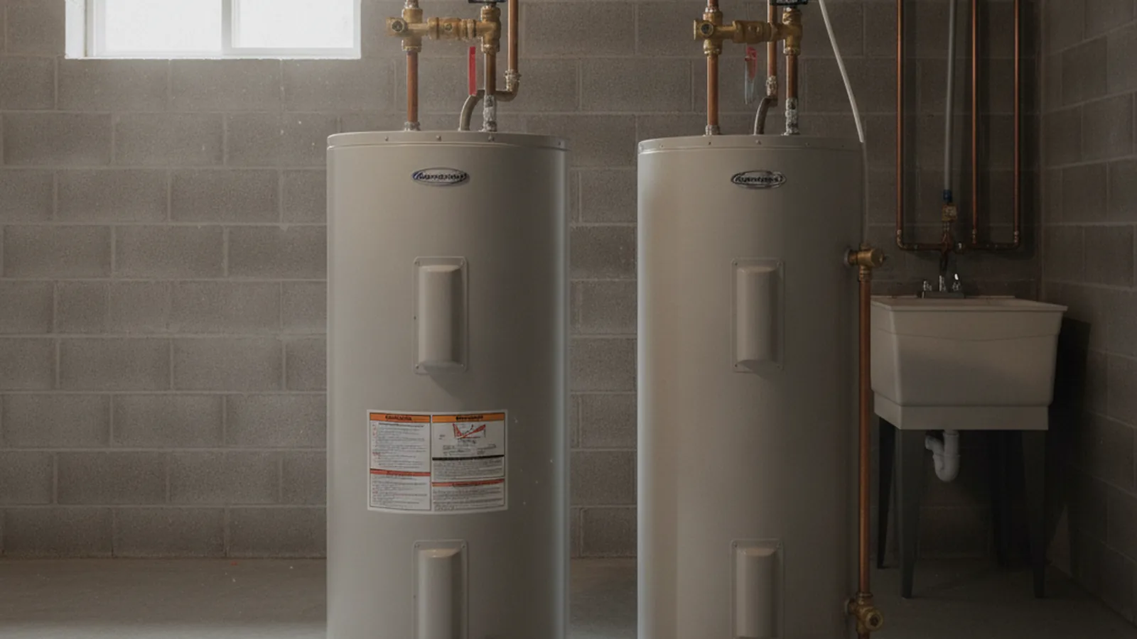 Two residential tank water heaters of different capacities side by side in a basement utility area