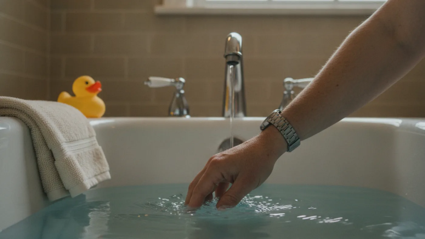 Adult hand-testing bath water temperature before a child gets in