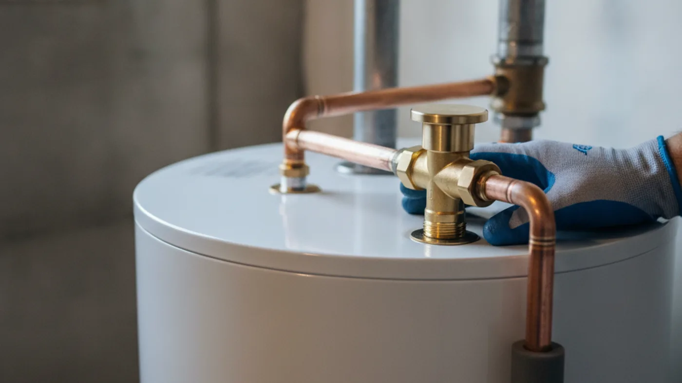 Thermostatic mixing valve installed on the hot outlet of a residential water heater