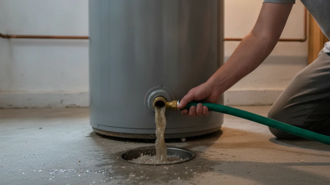 Sediment draining from the bottom of a residential water heater during an annual flush