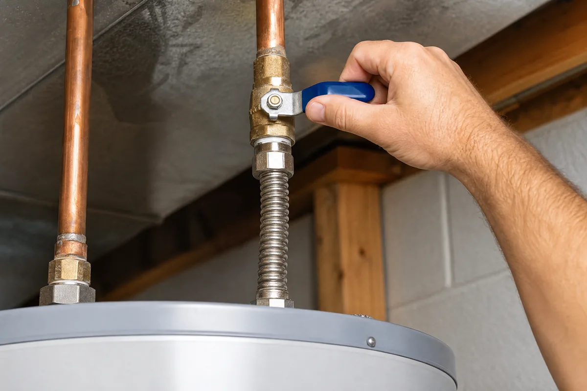 Hand closing the blue-handled ball valve on the cold water inlet line above a residential water heater