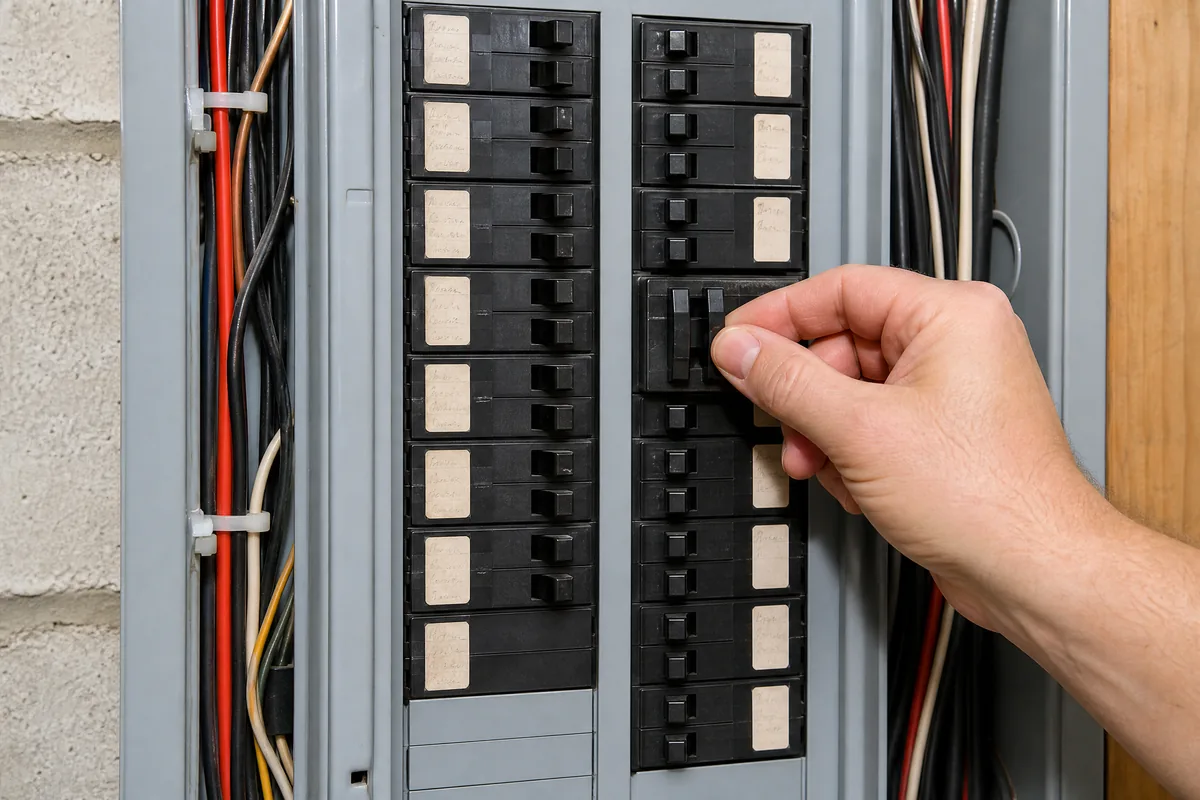 Hand switching off the double-pole water heater breaker inside a residential electrical panel