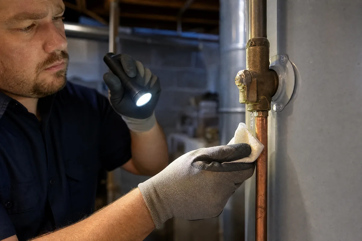 Licensed plumber using a flashlight to trace a water heater leak at the relief valve and copper fittings